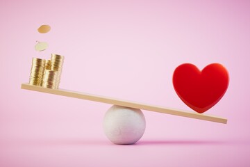 Heart and money on balance scale. 3d render