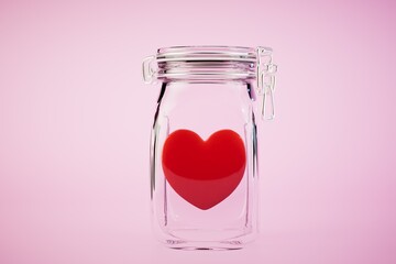 The concept of life insurance. Heart in a jar on a pastel background. 3D render