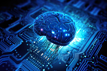 Generative AI abstract illustration of brain shape illuminated in blue neon color and light in dark cyberspace connected to hardware