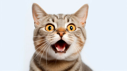 Portrait of a shocked cat with yellow eyes on a white background.Cat surprised on isolated white background.