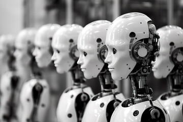 Generative AI fantasy illustration of line of cyborgs looking away in workplace against blurred background