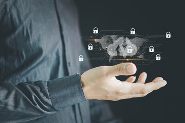 Cybersecurity and privacy concepts to protect data. Lock icon and internet network security technology. Internet and technology concept on virtual screen. Man touching on lock icon.