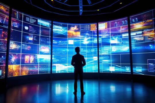 Generative AI futuristic illustration of back view of silhouette of unrecognizable male character working with large screen in dark cyberspace