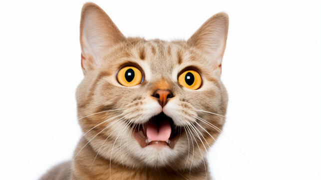 Portrait of a shocked cat with yellow eyes on a white background.Cat surprised on isolated white background.