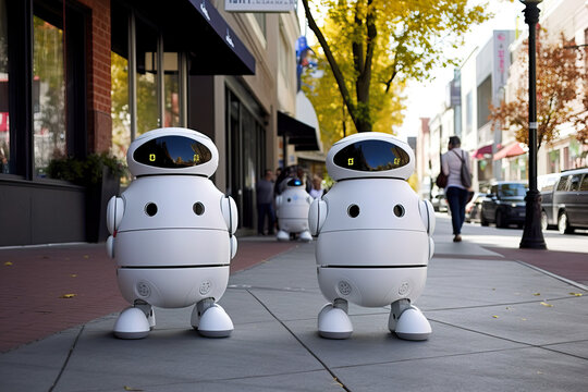 Generative AI futuristic illustration of white look alike android characters on asphalt pavement on street of modern city in downtown