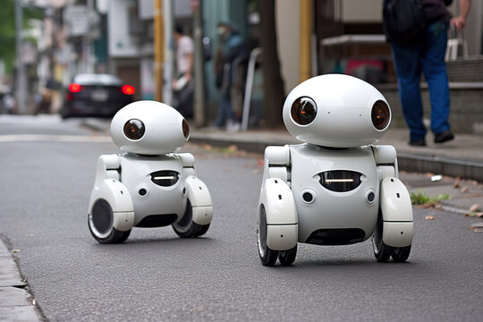 Generative AI futuristic illustration of white look alike android characters on asphalt pavement on asphalt road on street