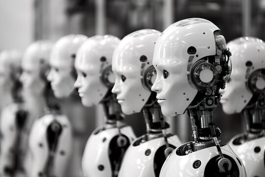 Generative AI fantasy illustration of line of cyborgs looking away in workplace against blurred background