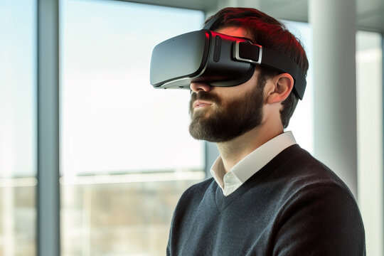 Generative AI illustration of side view of anonymous bearded male experiencing augmented virtual reality online while using wireless glasses against window