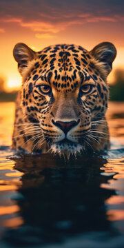 Generative AI illustration of amazing leopard with spotted fur standing in shallow water at sunset