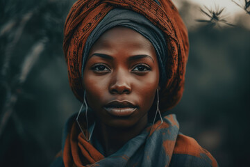 Generative AI illustration of headshot of African American female in traditional clothes and in earrings against blurred background