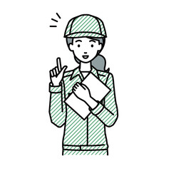 立って書類を手に持って何かひらめいた作業員の女性