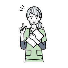 立って書類を手に持って何かひらめいた看護師の女性