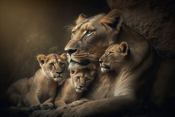 A mother lioness affectionately shows tenderness and love towards her cute cubs during a heartwarming moment, queen of the jungle, mighty wild animal in nature, grasslands and savannah  - obrazy, fototapety, plakaty