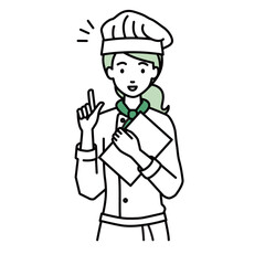 立って書類を手に持って何かひらめいた調理師の女性