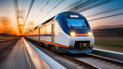 Naklejka premium A High-Speed Train Blazes Through Rail Tracks with Impressive Speed. Generative AI