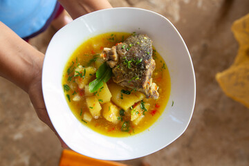Majaz stewed. The majaz or paca is a species of rodent for meat that is highly valued and commonly consumed in the Peruvian jungle.