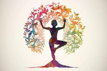 Human meditating, merging with nature, large tree in background, radical colors, contour, white background