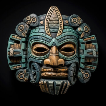 Intricately carved Mayan mask, which would have been used as a death mask, worn for important events or worn in battle. Digital illustration.