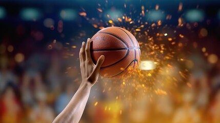 Basketball on hand of player shooting basket in gym, Generative AI