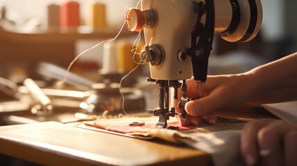 Back view of unrecognizable female tailor putting thread into sewing machine while working in light atelier. Generative AI