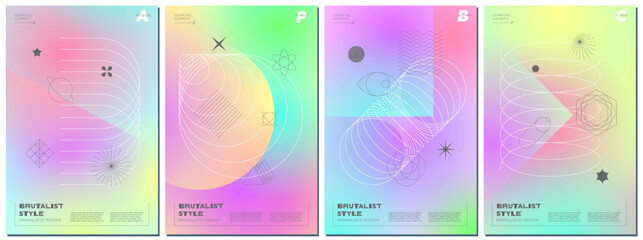 Fototapeta premium Abstract brutalism poster set with minimalistic geometric shapes on gradient background. Modern brutalist style minimal simple graphic prints. Brutal trendy y2k placard design template. Vector eps