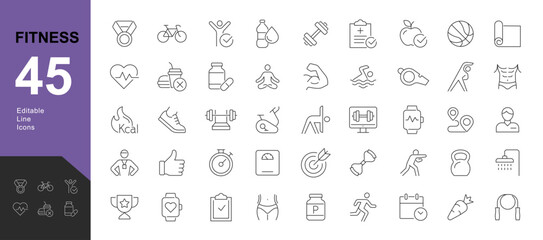Fitness Line Editable Icons set. Vector illustration of modern thin line style icons of the components of an active lifestyle: types of physical activity, proper nutrition, and sports equipment.