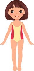 Cartoon girl standing in swimsuit. Cute paper doll