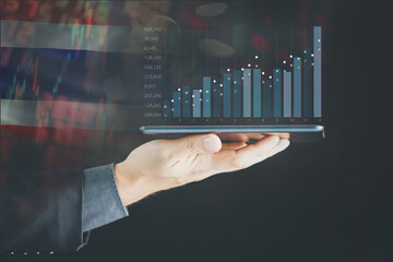 Stock market investment trading financial. Thailand flag to analyze profitable business finance trend data background