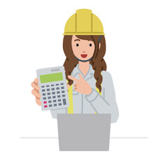 座ってデスクでノートPCを開いて電卓を指差してこちらに向けて見せている工事現場の女性