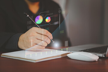 Big Data Technology for Business Finance Analytic Concept. Modern graphic interface shows massive information of business sale report, profit chart and stock market trends analysis on screen monitor.
