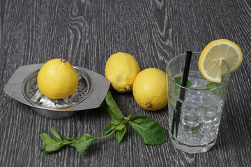 Spremiagrumi con bevanda nel bicchiere, limoni e menta sul tavolo