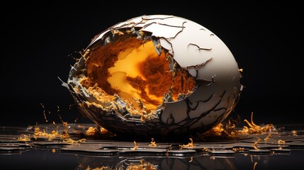 The concept of the birth of a broken egg in space style. Rays of light from a cracked egg