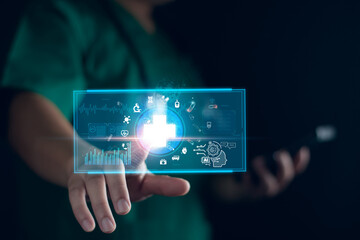 Medicine doctors diagnosis and  take note electronic medical record. DNA. Digital healthcare and network connection on hologram modern virtual interface, medical technology and futuristic concept.