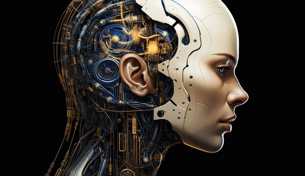 robot woman on dark background, learning technology