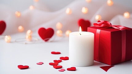 Fototapeta na wymiar Love heart, romantic gift box, candle on white Valentines day background. Sainte Valentine, mothers day, birthday greeting cards, invitation, celebration concept