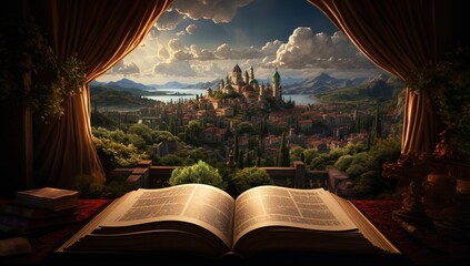 An open book glows and shows the world