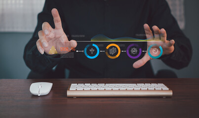 Big Data Technology for Business Finance Analytic Concept. Modern graphic interface shows massive information of business sale report, profit chart and stock market trends analysis on screen monitor.
