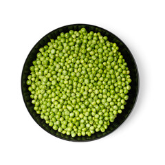 Peeled grains of fresh green peas in a round black plate on a white background, top view.