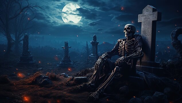 a skeleton sits in a cemetery at night