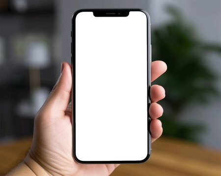Mockup image of female hands holding black smartphone with blank screen on gray background