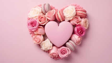 Pink fresh fragrance roses in heart shape with macaroon around pink background. romantic and beauty concept