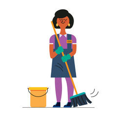 janitor lady in uniform holding a mop, mid century cartoon flat character, vector illustration. Cartoon flat vector illustration isolated on white background