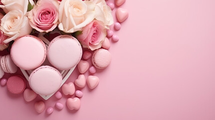 Pink fresh fragrance roses in heart shape with macaroon around pink background. romantic and beauty concept