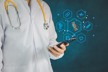 digital health care concept. Medicine doctor touching electronic medical record on virtual screen, Brain Analysis, DNA. Digital healthcare and network connection on modern interface,