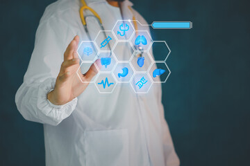 digital health care concept. Medicine doctor touching electronic medical record on virtual screen,...
