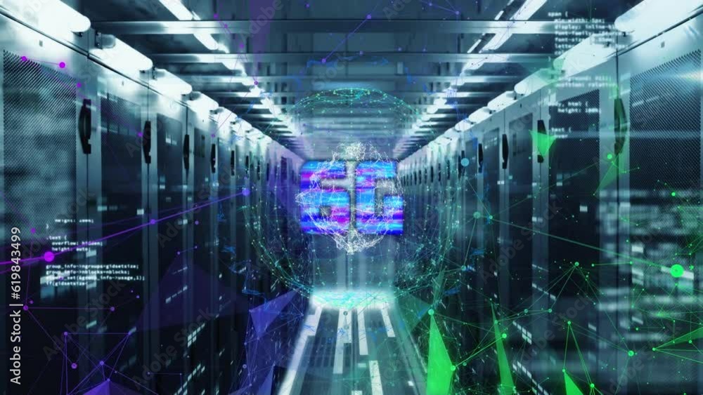 Poster animation of connected dots, computer language, globe over data storage systems