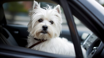 West highland white terrier dog sitting behind the wheel of a car. Selective Focus