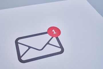 Graphic envelope on a light background.  Online message, new mail. Postal service. Inbox. Send or receive a letter. Empty envelope, empty space. The concept of people communication. Mockup