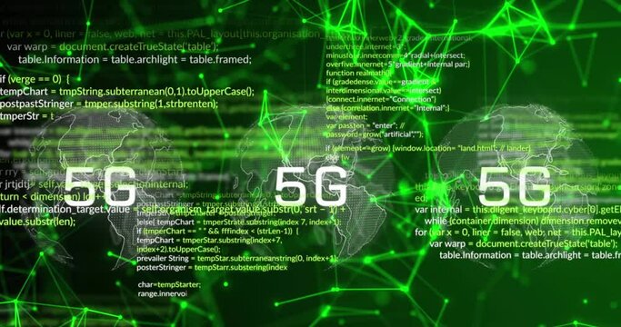 Animation of 5g text banners over spinning globe against network of connections and data processing