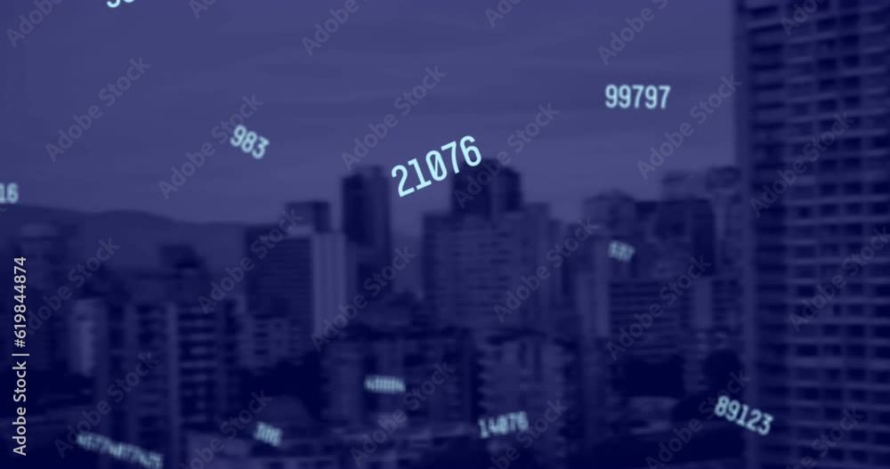 Aufkleber animation of multiple changing numbers against aerial view of tall buildings